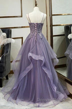 Purple Tulle Layers Long Formal Gown Lace Applique Party Dresses A Line Floor Length Prom Dresses
