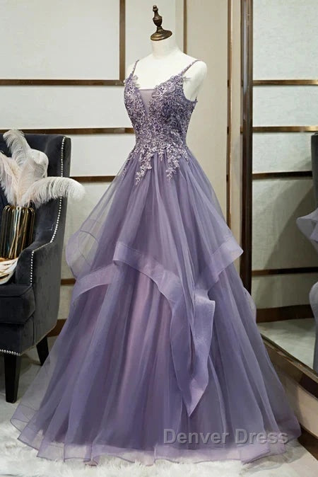 Purple Tulle Layers Long Formal Gown Lace Applique Party Dresses A Line Floor Length Prom Dresses