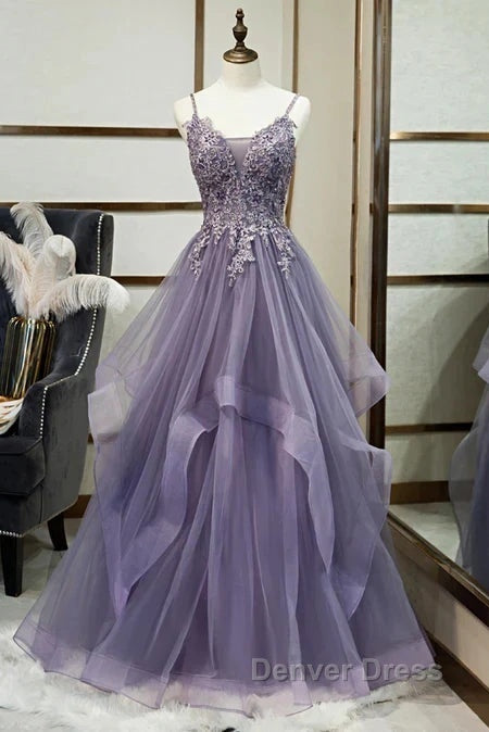 Purple Tulle Layers Long Formal Gown Lace Applique Party Dresses A Line Floor Length Prom Dresses