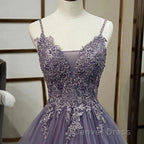 Purple Tulle Layers Long Formal Gown Lace Applique Party Dresses A Line Floor Length Prom Dresses