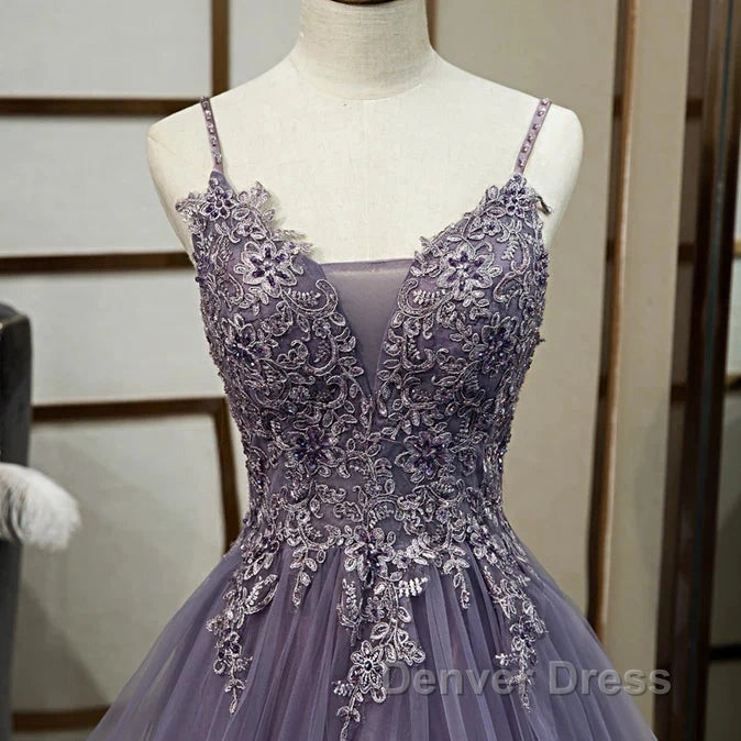 Purple Tulle Layers Long Formal Gown Lace Applique Party Dresses A Line Floor Length Prom Dresses