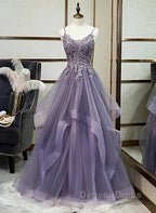 Purple Tulle Layers Long Formal Gown Lace Applique Party Dresses A Line Floor Length Prom Dresses
