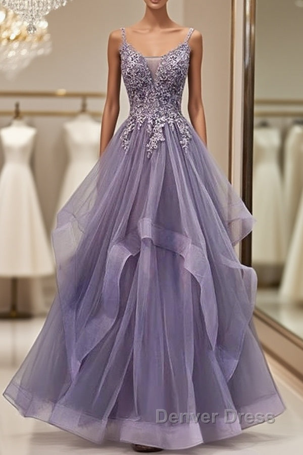 Purple Tulle Layers Long Formal Gown Lace Applique Party Dresses A Line Floor Length Prom Dresses Main image