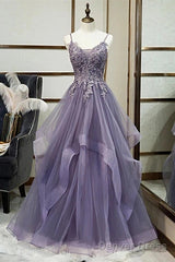 Purple Tulle Layers Long Formal Gown Lace Applique Party Dress A Line Floor Length Prom Dress