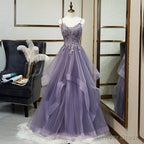 Purple Tulle Layers Long Prom Gowns, Lace Applique Top Prom Dresses