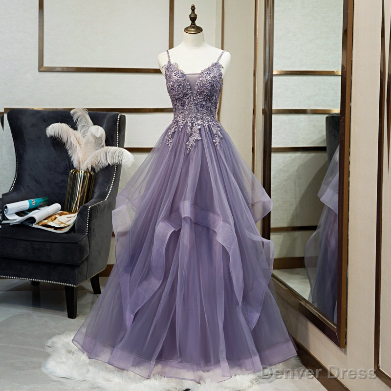 Purple Tulle Layers Long Prom Gowns, Lace Applique Top Prom Dresses