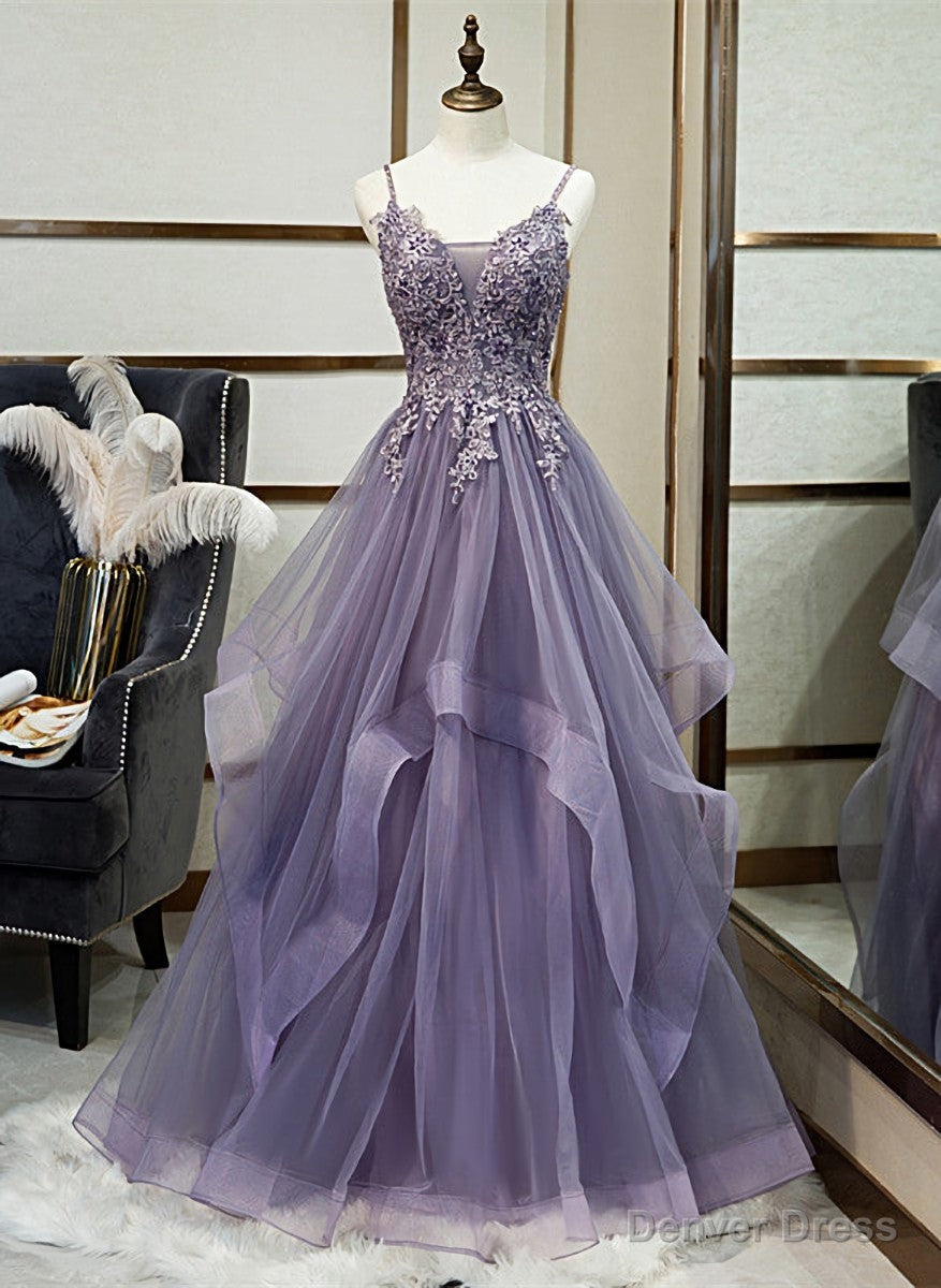 Purple Tulle Layers Long Prom Gowns, Lace Applique Top Prom Dresses