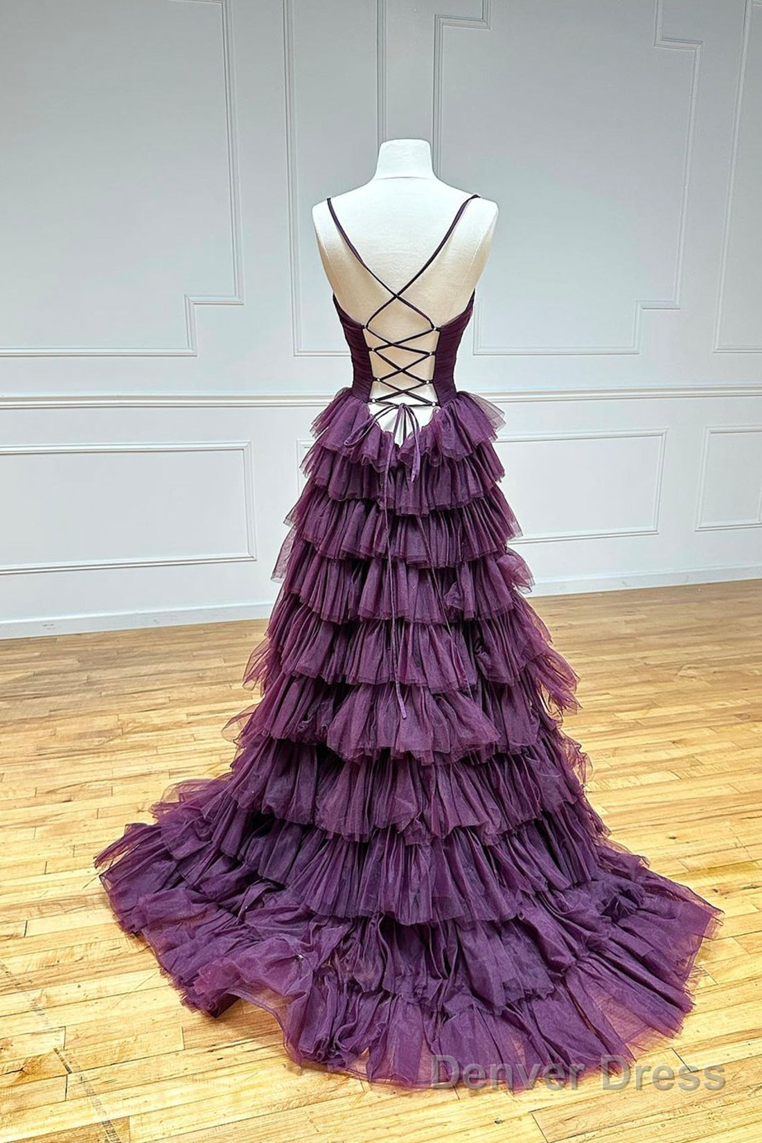 Purple Tulle Layers Long Prom Dress, Purple Spaghetti Strap A-Line Evening Party Dress
