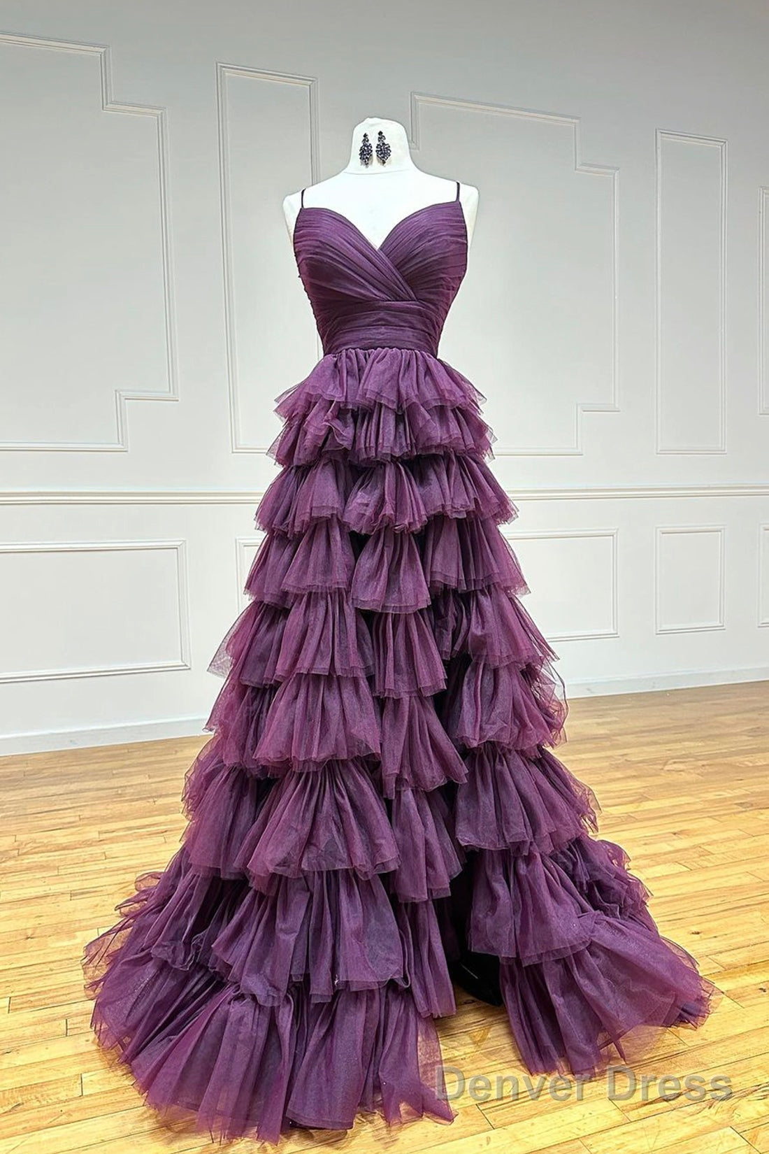 Purple Tulle Layers Long Prom Dress, Purple Spaghetti Strap A-Line Evening Party Dress Main image