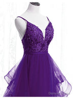 Purple Tulle Layers with Lace Long Evening Dresses, Purple Prom Dress Party Dresses