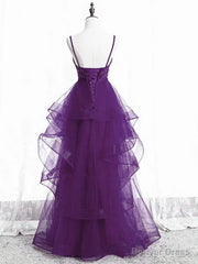 Purple Tulle Layers with Lace Long Evening Dresses, Purple Prom Dress Party Dresses