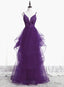 Purple Tulle Layers with Lace Long Evening Dresses, Purple Prom Dress Party Dresses