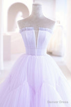Purple Tulle Long A Line Prom Dresses, A Line Strapless Prom Gowns