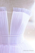 Purple Tulle Long A Line Prom Dresses, A Line Strapless Prom Gowns