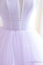 Purple Tulle Long A Line Prom Dresses, A Line Strapless Prom Gowns