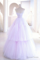 Purple Tulle Long A-Line Prom Dress, A-Line Strapless Evening Gown