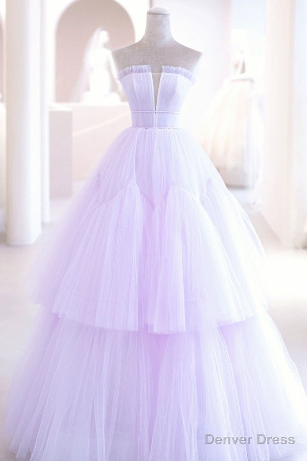 Purple Tulle Long A Line Prom Dresses, A Line Strapless Prom Gowns