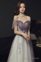 Purple Tulle Long A-Line Prom Dress, Off The Shoulder Evening Graduation Dress