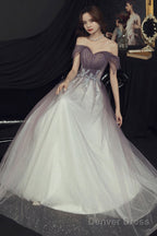 Purple Tulle Long A-Line Prom Dress, Off The Shoulder Evening Graduation Dress
