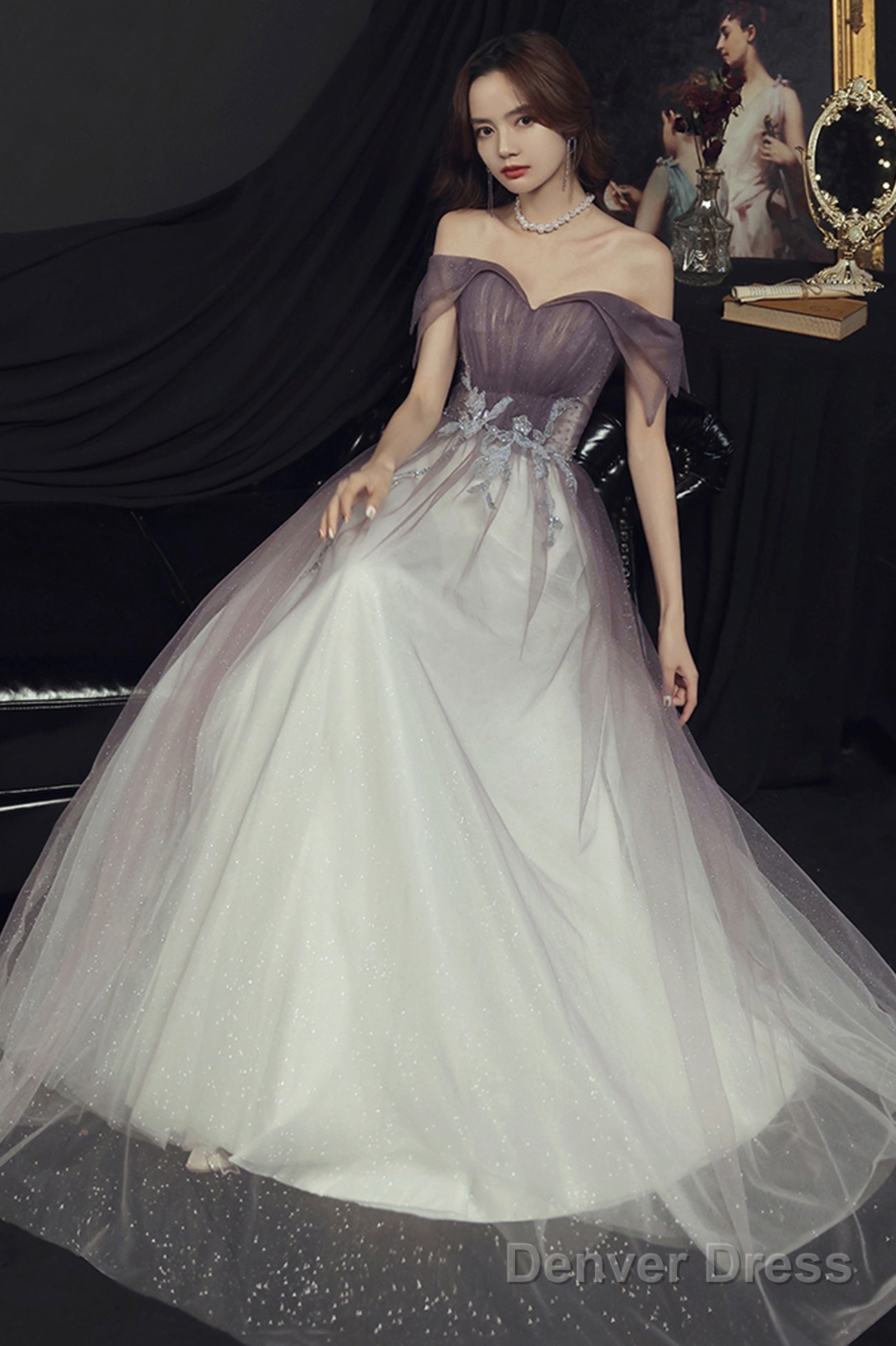 Purple Tulle Long A-Line Prom Dress, Off The Shoulder Evening Graduation Dress