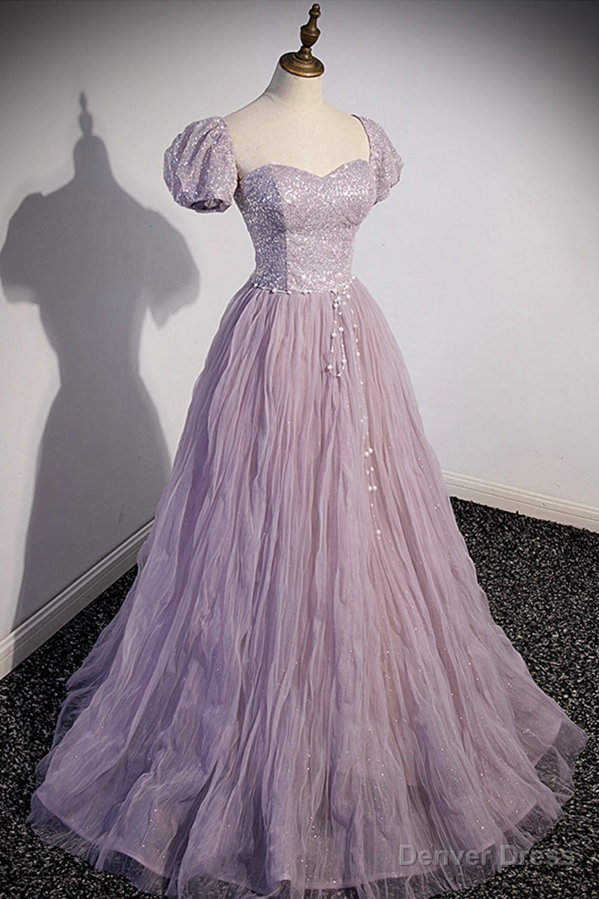 Purple Tulle Long A-Line Prom Dress, Purple Short Sleeve Evening Party Dress Main image