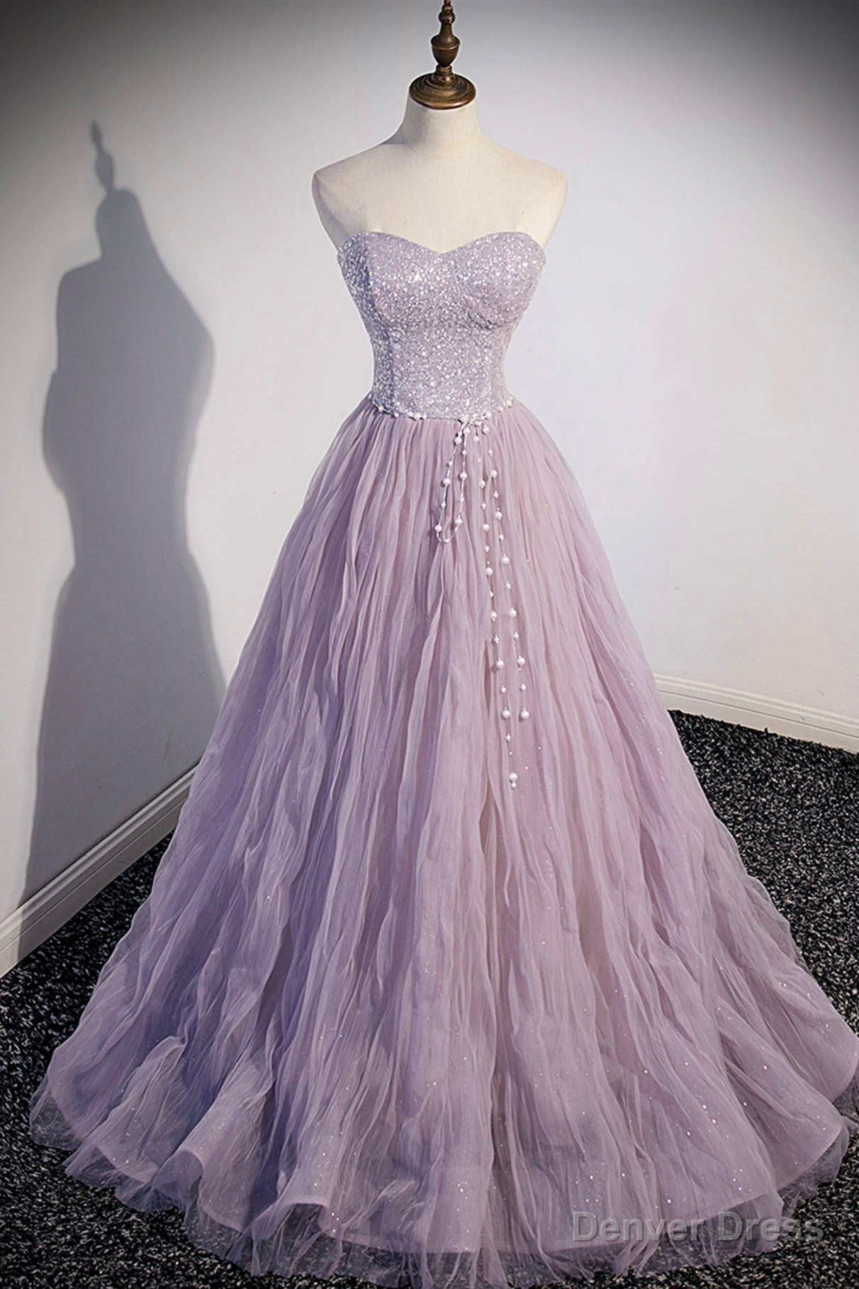 Purple Tulle Long A-Line Prom Dress, Purple Short Sleeve Evening Party Dress