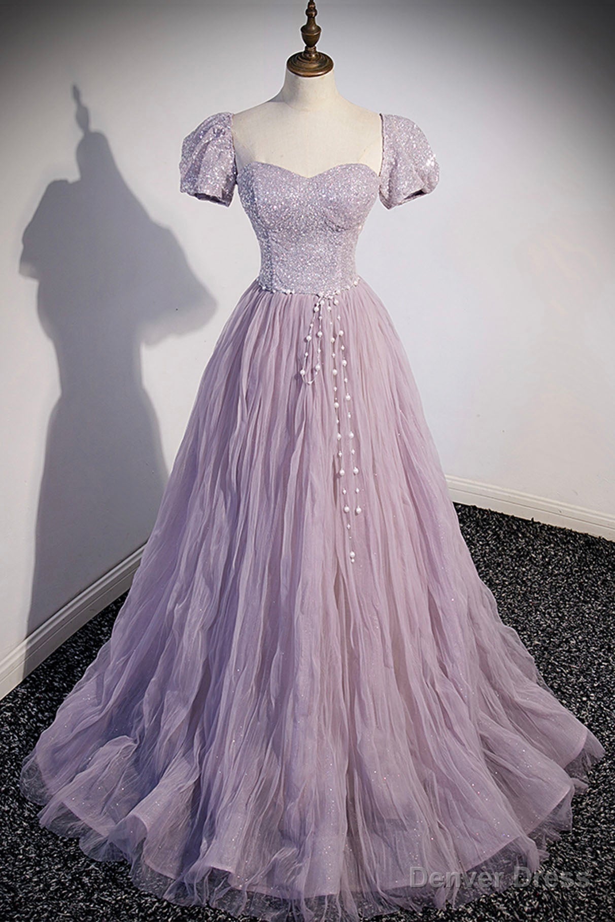 Purple Tulle Long A Line Prom Dress, Purple Short Sleeve Prom Dresses