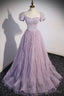Purple Tulle Long A Line Prom Dress, Purple Short Sleeve Prom Dresses