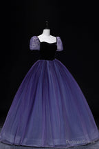 Purple Tulle Long A Line Prom Dress, Purple Short Sleeve Princess Dresses