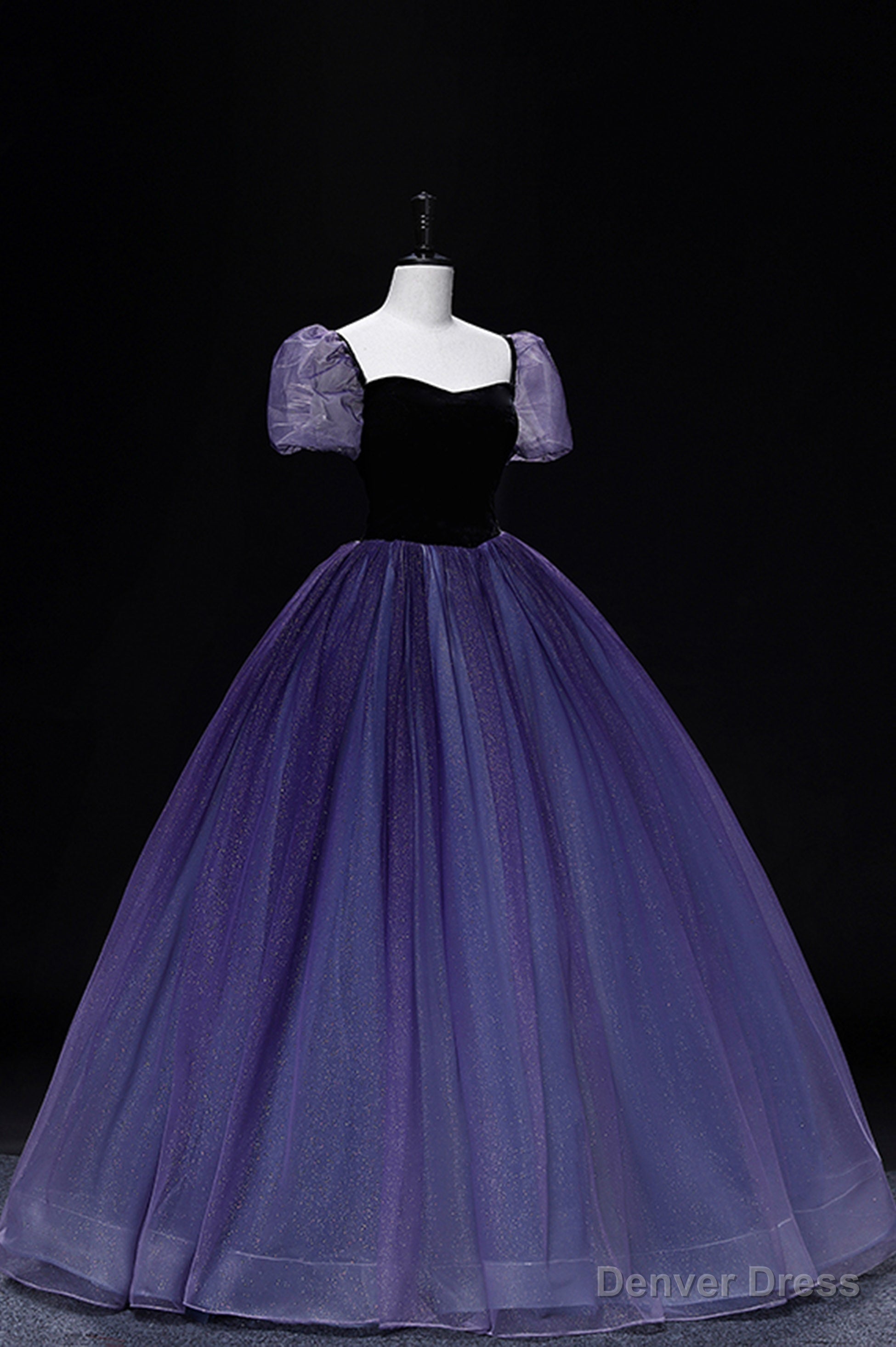 Purple Tulle Long A Line Prom Dress, Purple Short Sleeve Princess Dresses