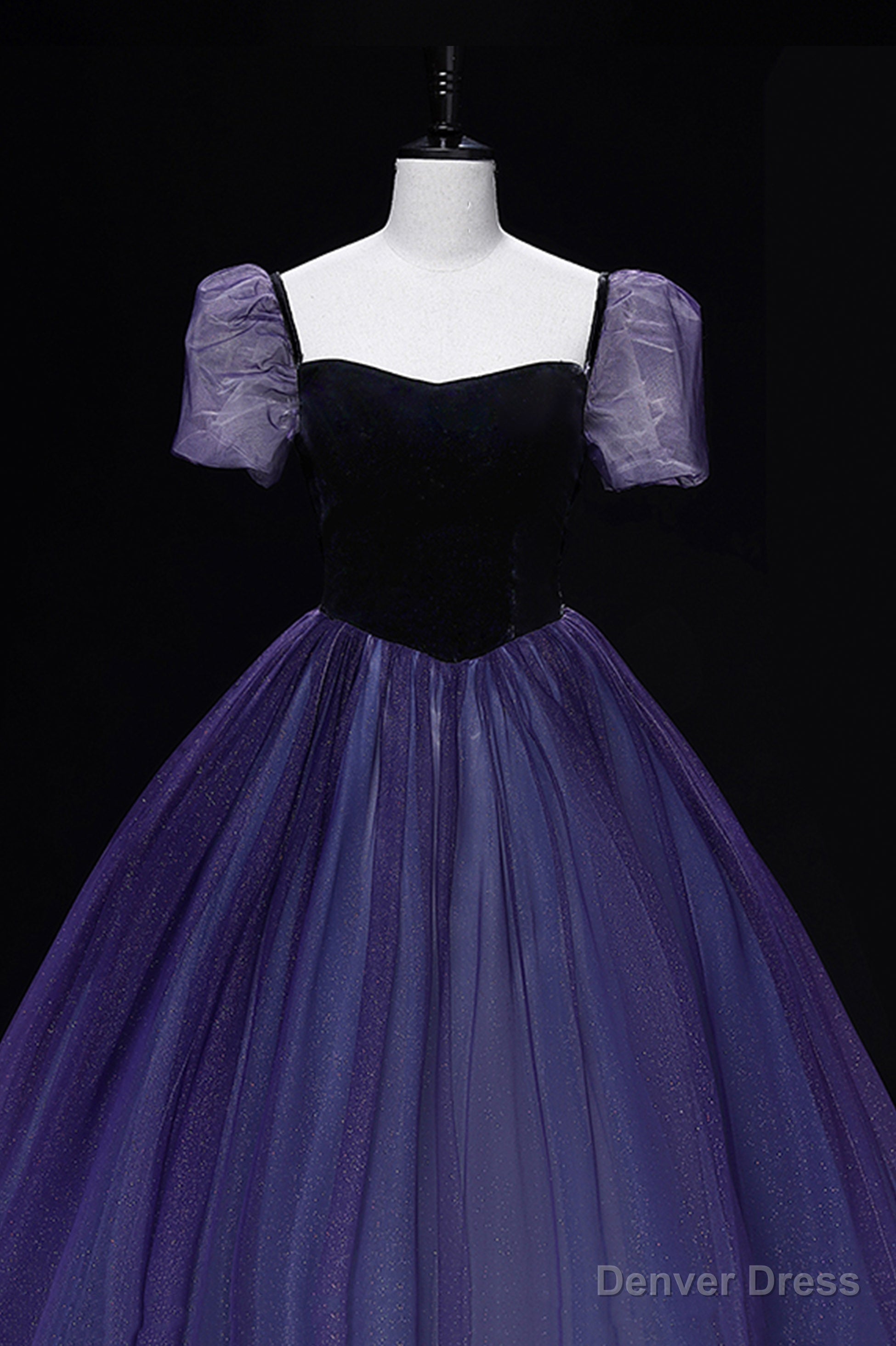 Purple Tulle Long A Line Prom Dress, Purple Short Sleeve Princess Dresses