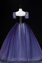 Purple Tulle Long A Line Prom Dress, Purple Short Sleeve Princess Dresses