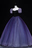 Purple Tulle Long A Line Prom Dress, Purple Short Sleeve Princess Dresses