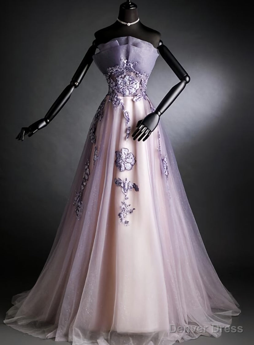Purple Tulle Long Gradient Party Dress with Flower Lace Applique, Light Purple Prom Dresses Secondary image
