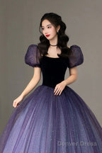 Purple Tulle Long Princess Dress, Cute Short Sleeve Formal Evening Dress
