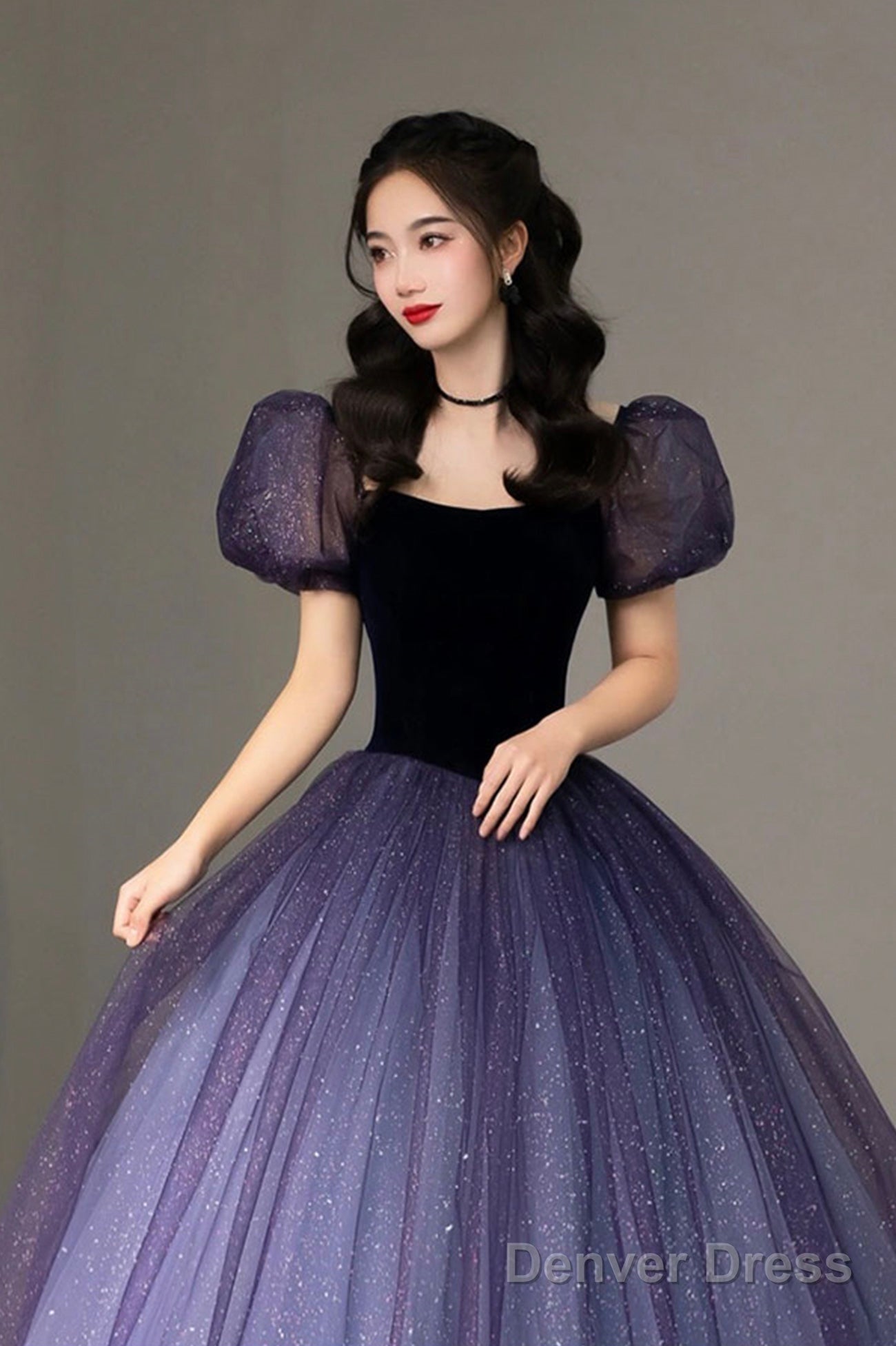Purple Tulle Long Princess Dress, Cute Short Sleeve Formal Evening Dress