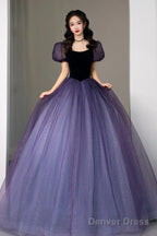 Purple Tulle Long Princess Dress, Cute Short Sleeve Formal Evening Dress