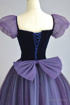 Purple Tulle Long Prom Dress with Velvet, Cute A Line Short Sleeve Prom Dresses