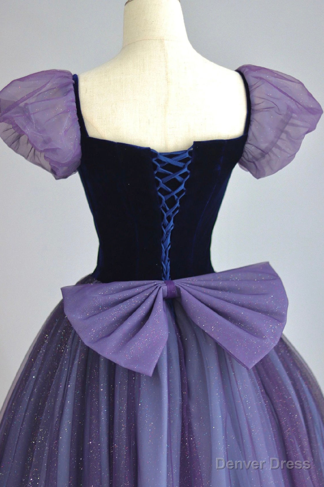 Purple Tulle Long Prom Dress with Velvet, Cute A Line Short Sleeve Prom Dresses
