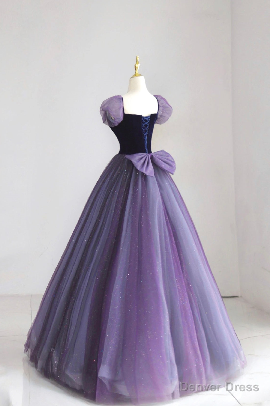 Purple Tulle Long Prom Dress with Velvet, Cute A Line Short Sleeve Prom Dresses