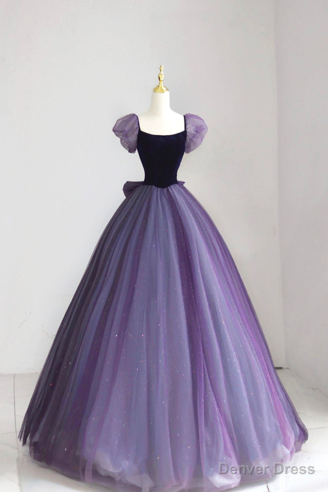 Purple Tulle Long Prom Dress with Velvet, Cute A-Line Short Sleeve Evening Dress Main image
