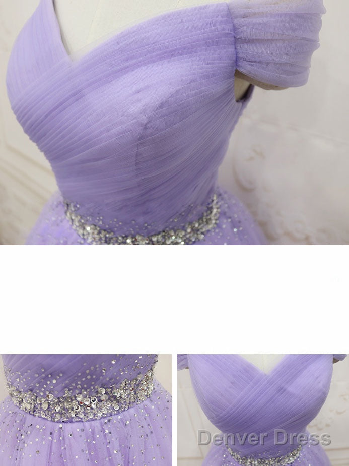 Purple Tulle Off Shoulder Sequin Short Prom Dress Purple Homecoming Dresses