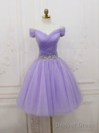 Purple Tulle Off Shoulder Sequin Short Prom Dress Purple Homecoming Dresses