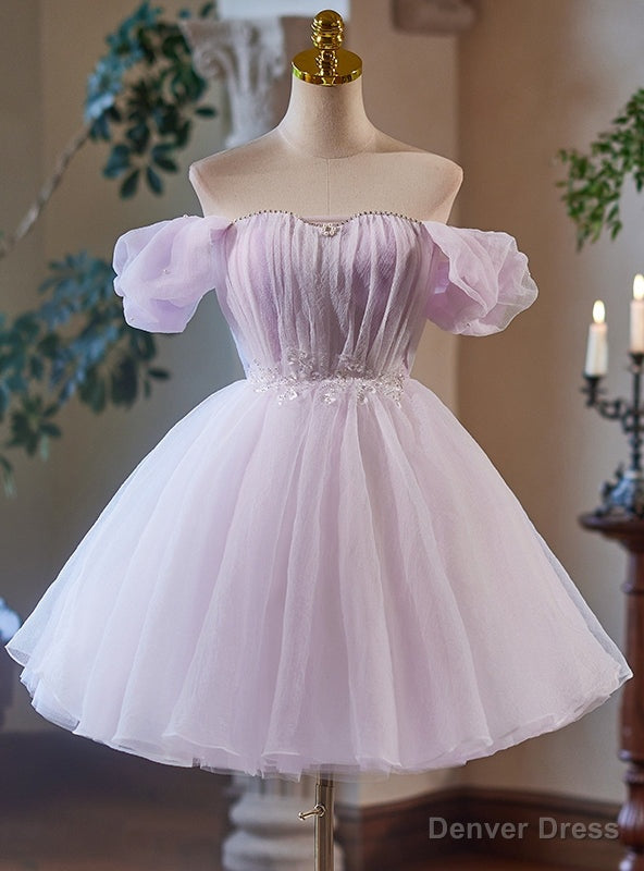 Purple Tulle Off the Shoulder Pleats Homecoming Dresses Main image