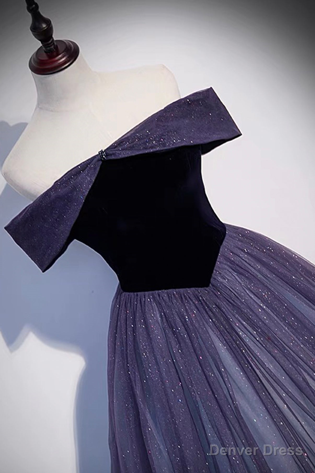 Purple Tulle Off the Shoulder Prom Dress, A Line Prom Dresses