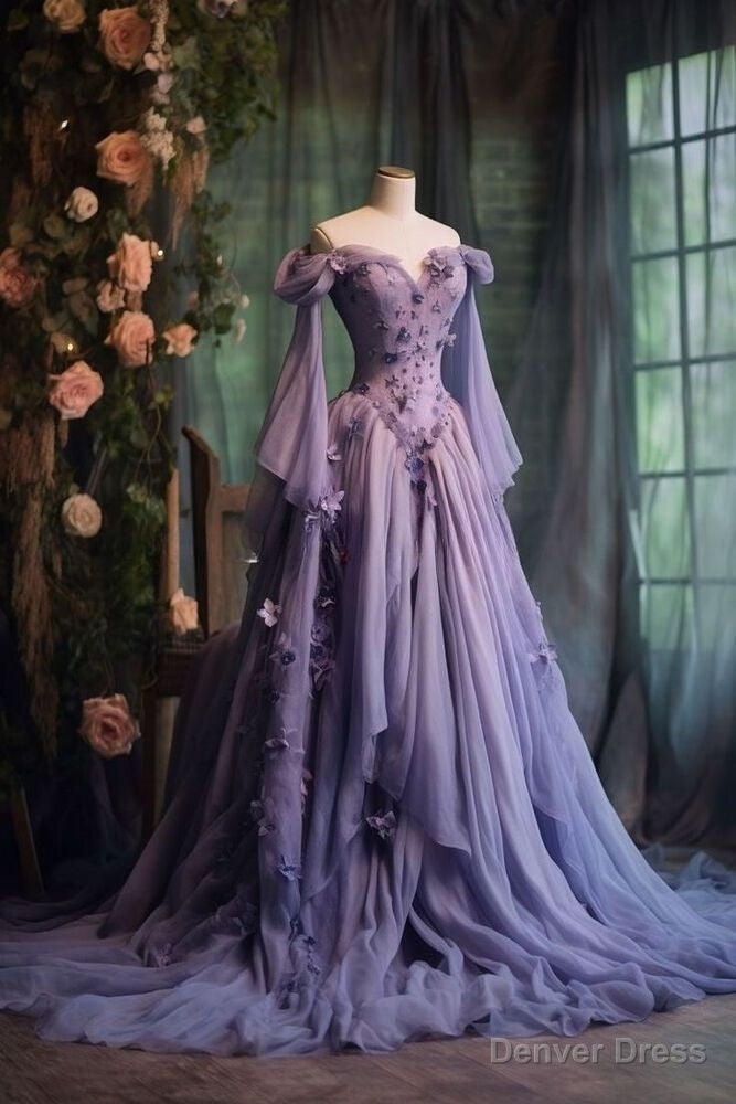 Purple Tulle Prom Dress One Shoulder Fairy Long Sleeve 3D Floral Appliques Prom Dresses Main image