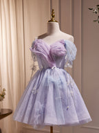 Purple Tulle Puffy Short Prom Dresses, Cute Purple Homecoming Dresses