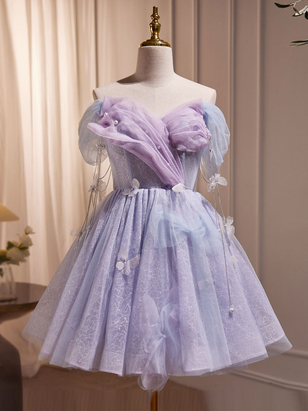 Purple Tulle Puffy Short Prom Dresses, Cute Purple Homecoming Dresses Main image