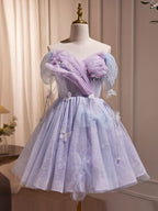 Purple Tulle Puffy Short Prom Dresses, Cute Purple Homecoming Dresses