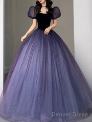 Purple Tulle Sequin Long Prom Dress, Purple Evening Dress